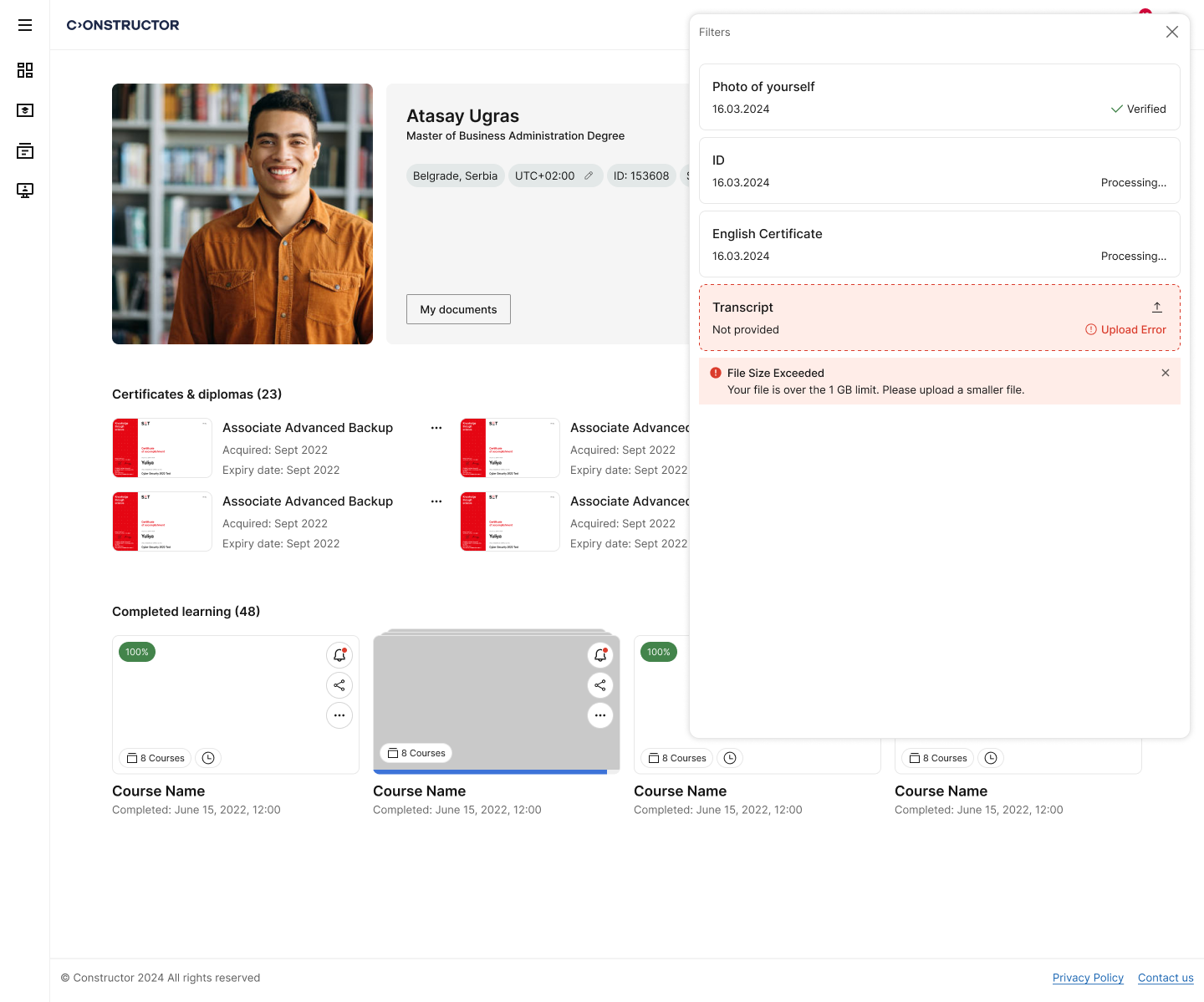 Learner profile view showing programme benefits and progress within the LMS.