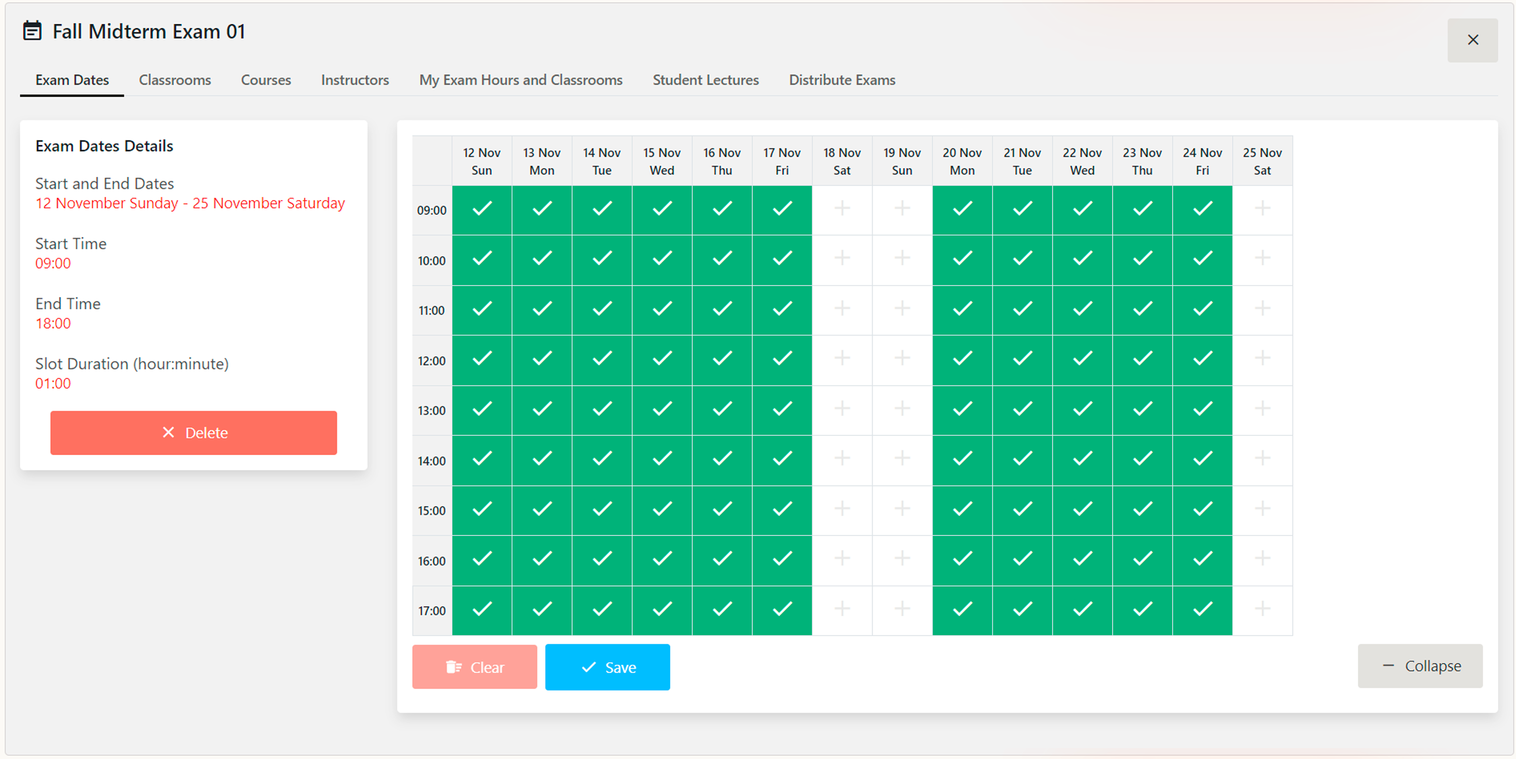 Exam planning view in the scheduling platform—sessions, rooms, and constraints.