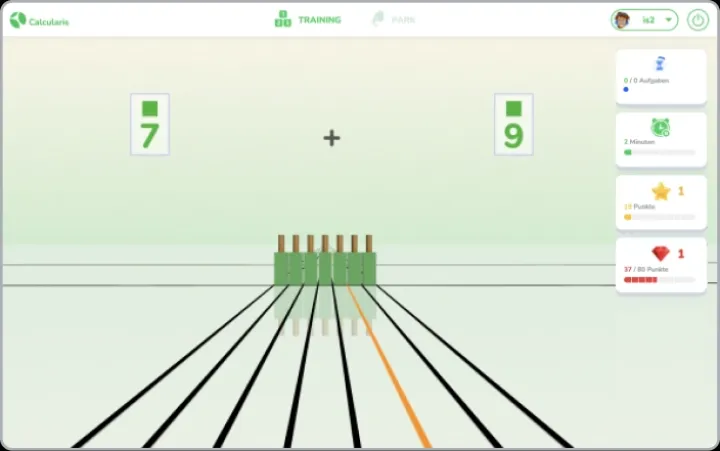 In-app Calcularis exercise using interactive blocks for addition and subtraction.